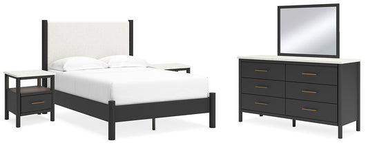 Cadmori Full Upholstered Panel Bed with Mirrored Dresser and 2 Nightstands