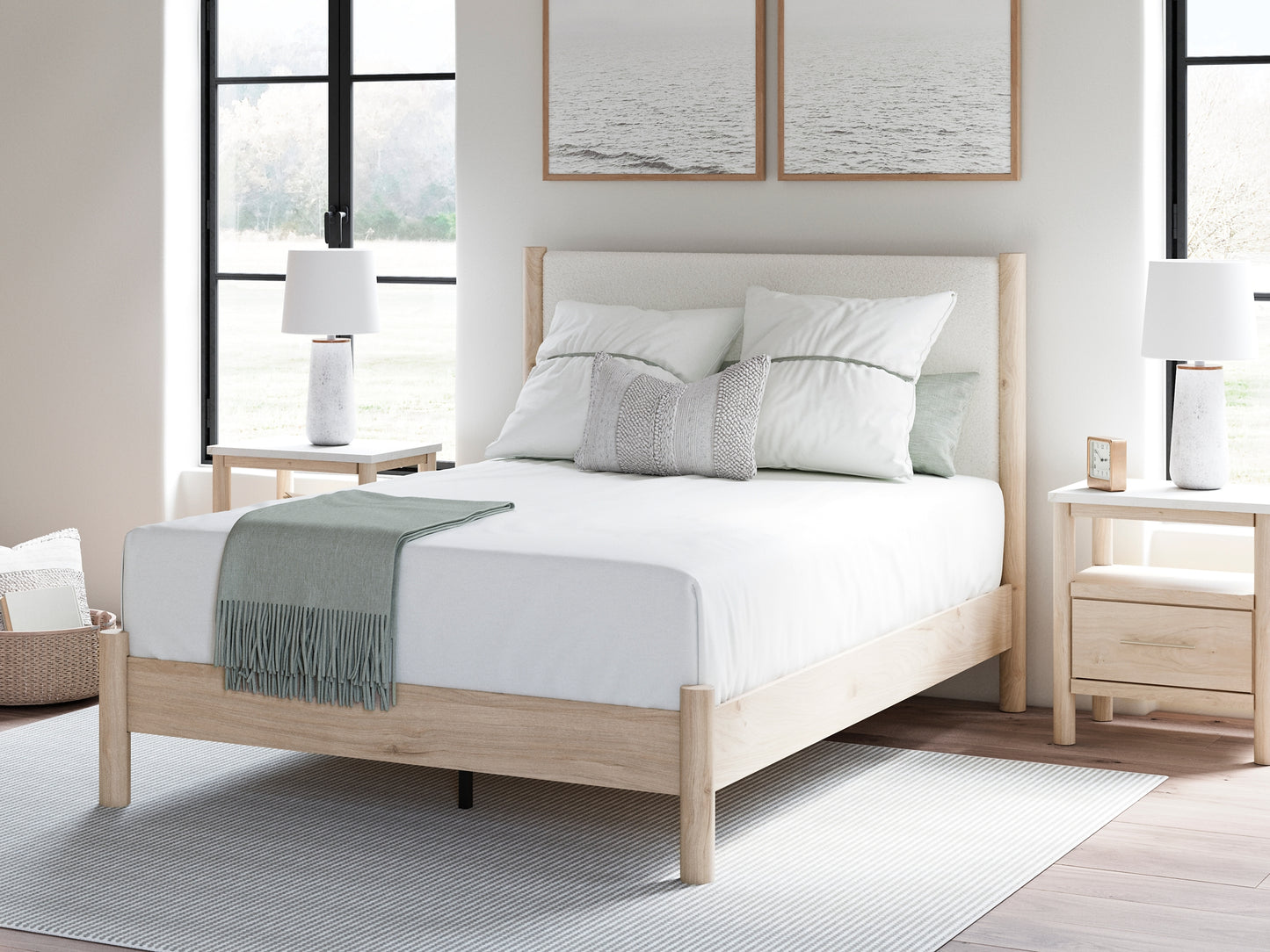 Cadmori Queen Upholstered Panel Bed with Mirrored Dresser