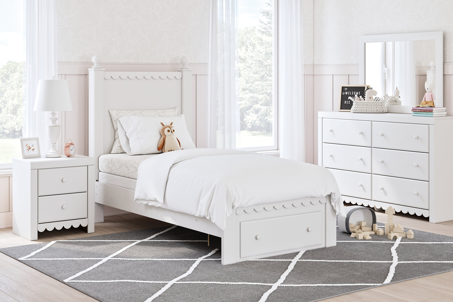 Mollviney Twin Panel Storage Bed with Mirrored Dresser, Chest and 2 Nightstands