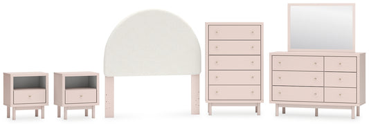 Wistenpine Full Upholstered Panel Headboard with Mirrored Dresser, Chest and 2 Nightstands