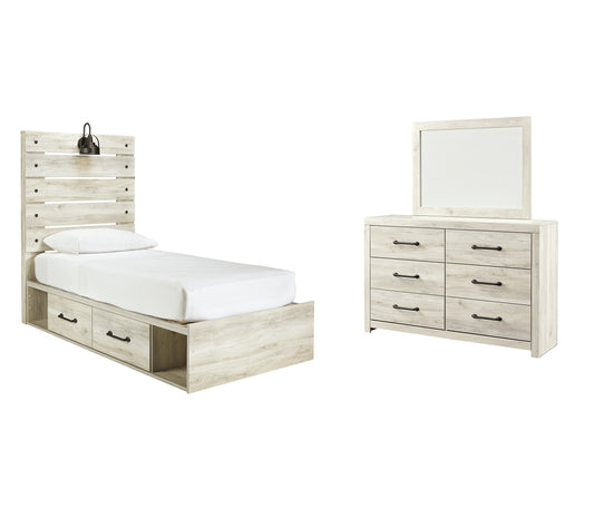 Cambeck Twin Panel Bed with 4 Storage Drawers with Mirrored Dresser